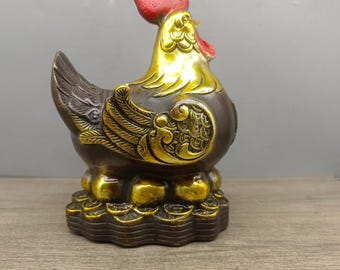 珍しい手彫りの銅製ニワトリ像の装飾品、家具の装飾、収集する価値が