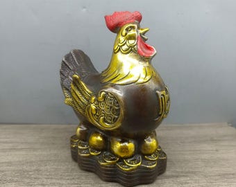 珍しい手彫りの銅製ニワトリ像の装飾品、家具の装飾、収集する価値が