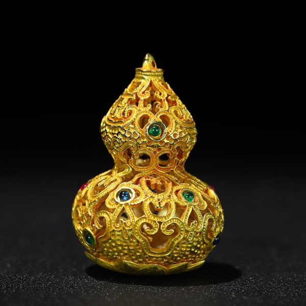 Ancienne décoration chinoise de calebasse creuse en cuivre sculpté et doré, forme rare, ornement de table, à collectionner et à utiliser