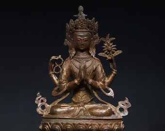 中国のアンティーク手作り彫刻純銅ブロンズ三面八臂観音仏像装飾