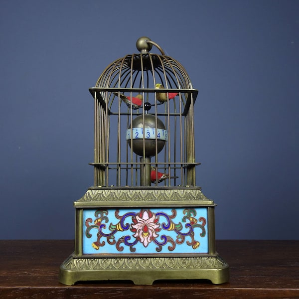 Chinese handmade Round Three Bird Cage Mechanical Copper Clock,Clockwork,unique shape,precious and exquisite,Worth collecting and using