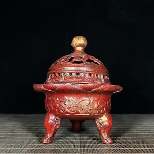 Chinese antique handmade carved pure copper lotus elephant foot incense burner, unique and rare, worth collecting and using