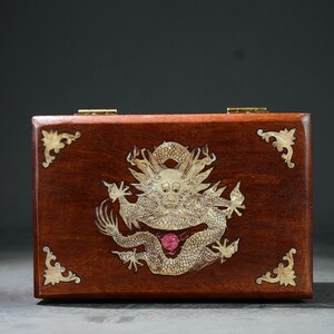 Handmade carved rosewood inlaid gemstones and dragon patterns jewelry box, wood carving, furniture decoration, worth collecting and using