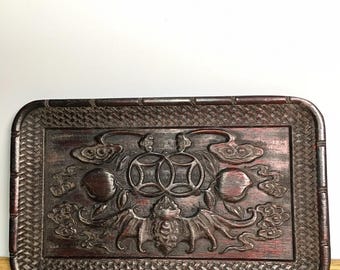 Plato de té/plato de fruta/plato decorativo/bandejas de pino sándalo chino con grulla, antiguo y precioso, único y hermoso, coleccionado y usado.