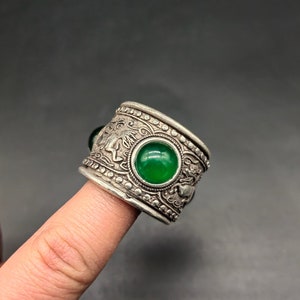 Handcarved Tibetan silver inlaid jade ring with exquisite Kirin pattern, a beautiful gift for him/her to wear