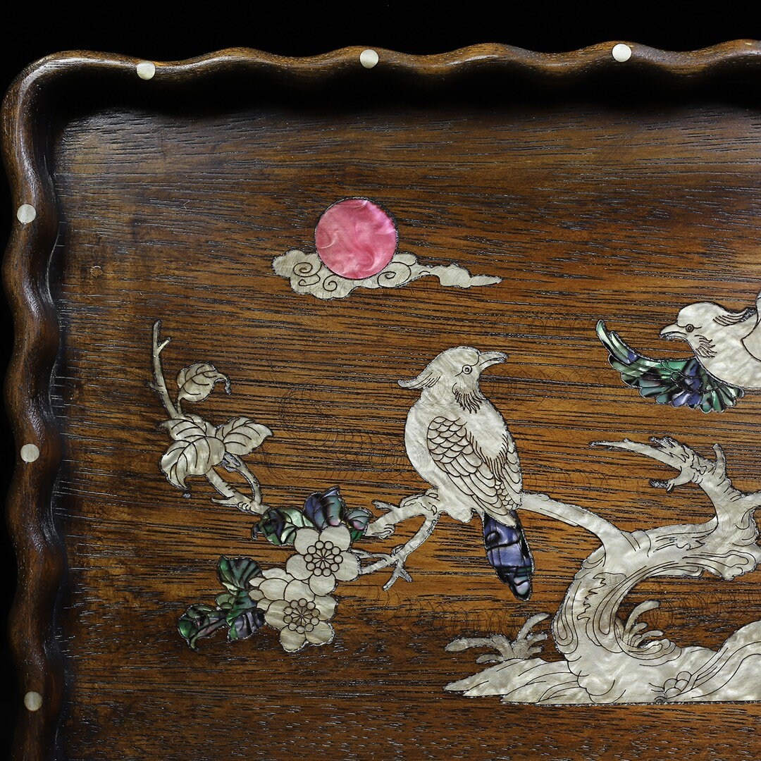 Chinese Antique Rosewood Inlaid Shell Curved Edge Tea Tray