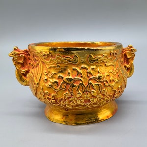 Brûle-encens artisanal antique chinois en bronze doré à motif de dragon, à collectionner et à utiliser