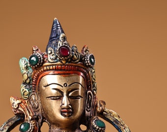 中国のアンティーク手作り彫刻銅象嵌宝石仏像、絶妙な職人技、ユニーク