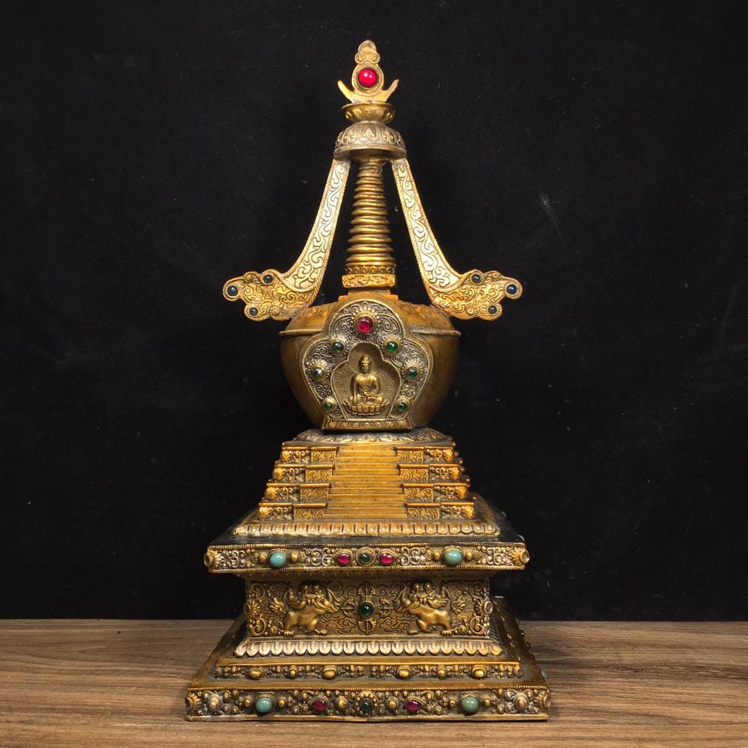 Chinese Handmade Carved Copper Inlaid With Gemstones Buddhist Pagoda ...