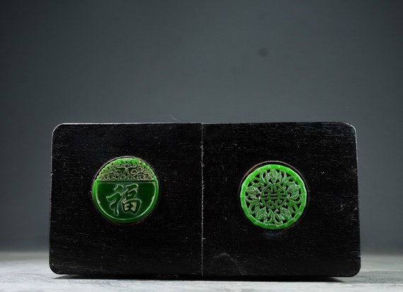 Chinese handmade carved ebony inlaid jade double … - image 4
