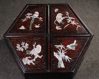 Chinese sandalwood flower and bird inlaid shell four open box/food box,ancient and precious,unique and beautiful,can be collected and used