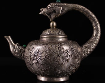 Chinese antique handcrafted Tibetan silver inlaid gemstone dragon teapot,wine pot,furniture decoration, are worth collecting and using