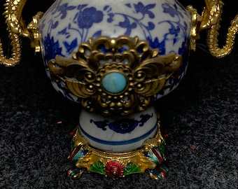 銅象嵌青白磁花瓶、景徳鎮、手作り、中国アンティーク、ユニークな
