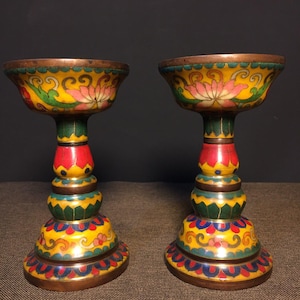 Chinese handmade exquisite copper cloisonn é candle holders a pair