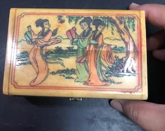 古代中国のアンティークの天然骨箱、純粋な手作り、絶妙な貴重な絵