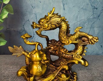 アンティークの龍鳳彫刻入りひょうたん – 中国風水筒、永遠の愛の象徴