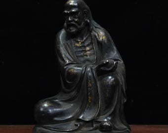 Chinees handgemaakt gesneden bronzen bodhidharma-boeddhabeeldornament, kostbaar en zeldzaam, zendecoratie op het bureaublad, verzamelen waard!