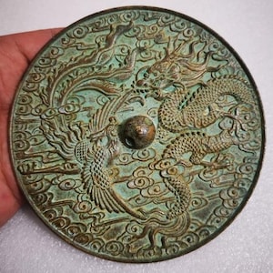 Chinese Antiques Handmade Bronze dragon and phoenix Bronze Mirror Ornament，Worth collecting