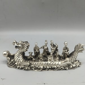 Chinese handmade carved Tibetan silver figurine pen holder ornaments,dragon boat,exquisite patterns,antique collection,tabletop ornaments