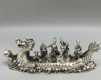 Chinese handmade carved Tibetan silver figurine pen holder ornaments,dragon boat,exquisite patterns,antique collection,tabletop ornaments
