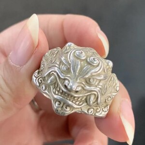 May include: A silver ring featuring a detailed, sculpted design of a mythical creature's face. The ring has intricate patterns and a textured surface, showcasing the craftsmanship. The creature's face has a fierce expression with visible teeth.
