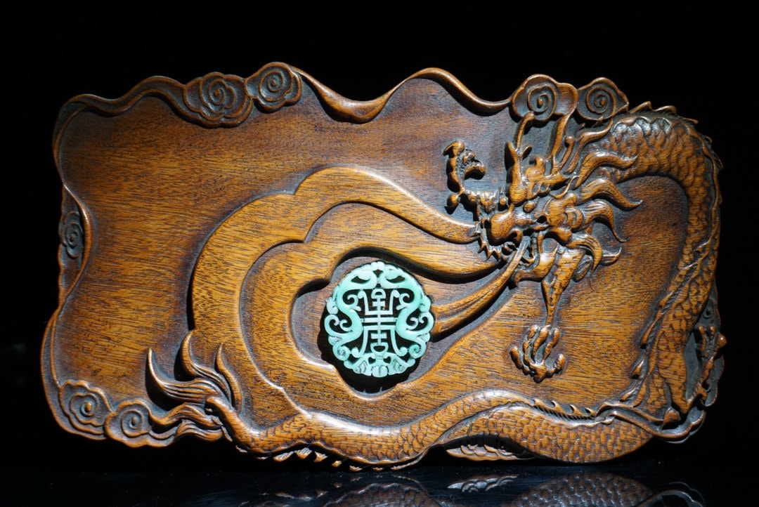 Hand carved exquisite rare Rosewood carving Inlaid Jade Dragon Inkstone,home decor,Chinese antique ,worth collecting and used