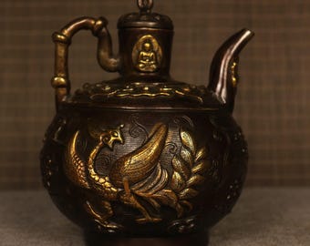 中国の純粋な手彫り真鍮銅カエルパターンティーポット、コレクション