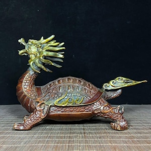 Hand carved exquisite copper gilded golden dragon turtle statue ornament,unique craftsmanship,rare desktop decoration,worth collecting