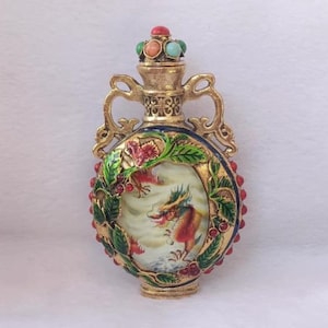 Chinese handmade copper inlaid gemstone dragon pattern snuff bottle,furniture decoration,rare shape,can emit light,collecting and using