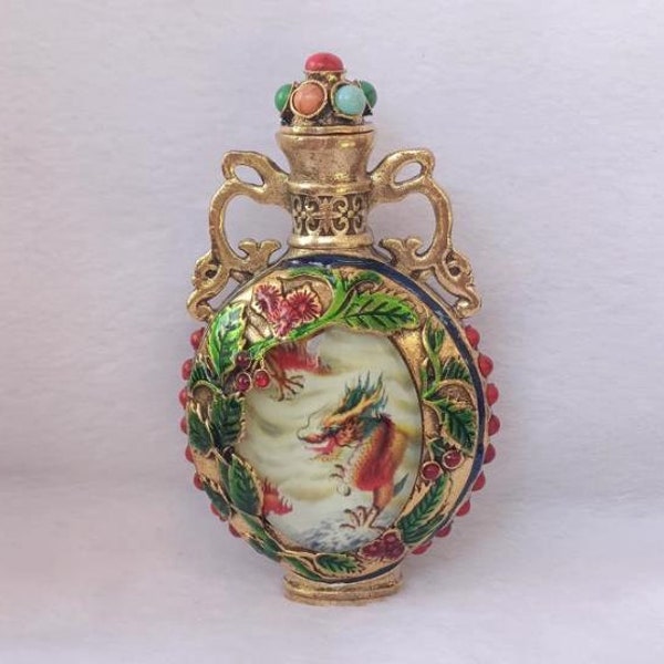 Chinese handmade copper inlaid gemstone dragon pattern snuff bottle,furniture decoration,rare shape,can emit light,collecting and using