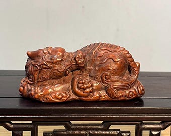 Chinese handmade carved natural boxwood dragon statue ornament, exquisite wood carving, furniture decoration
