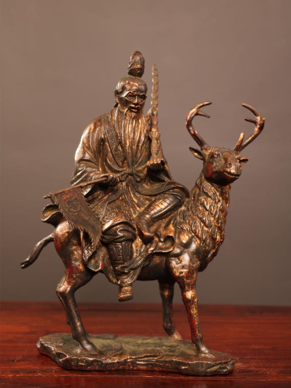 中国の手作りの彫刻された老人と鹿のブロンズ像、家具の装飾