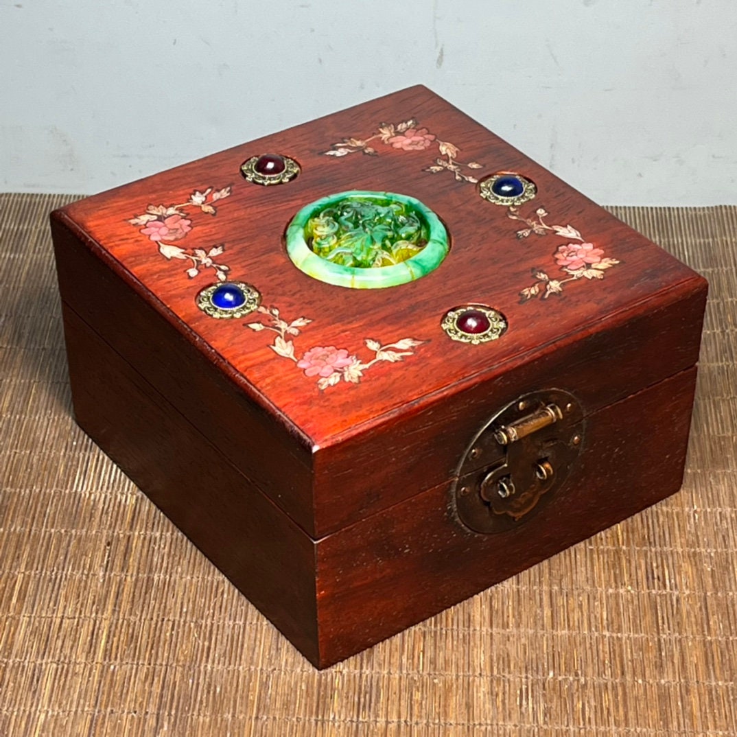 Chinese Antique Handmade Carved Rosewood Inlaid Jade Storage Box ...