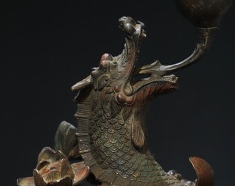 中国の手作り彫刻ブロンズドラゴンフィッシュキャンドルホルダー