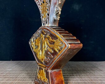 中国のアンティーク銅龍鳳凰模様の花瓶、ユニークな形、創造的な銅の