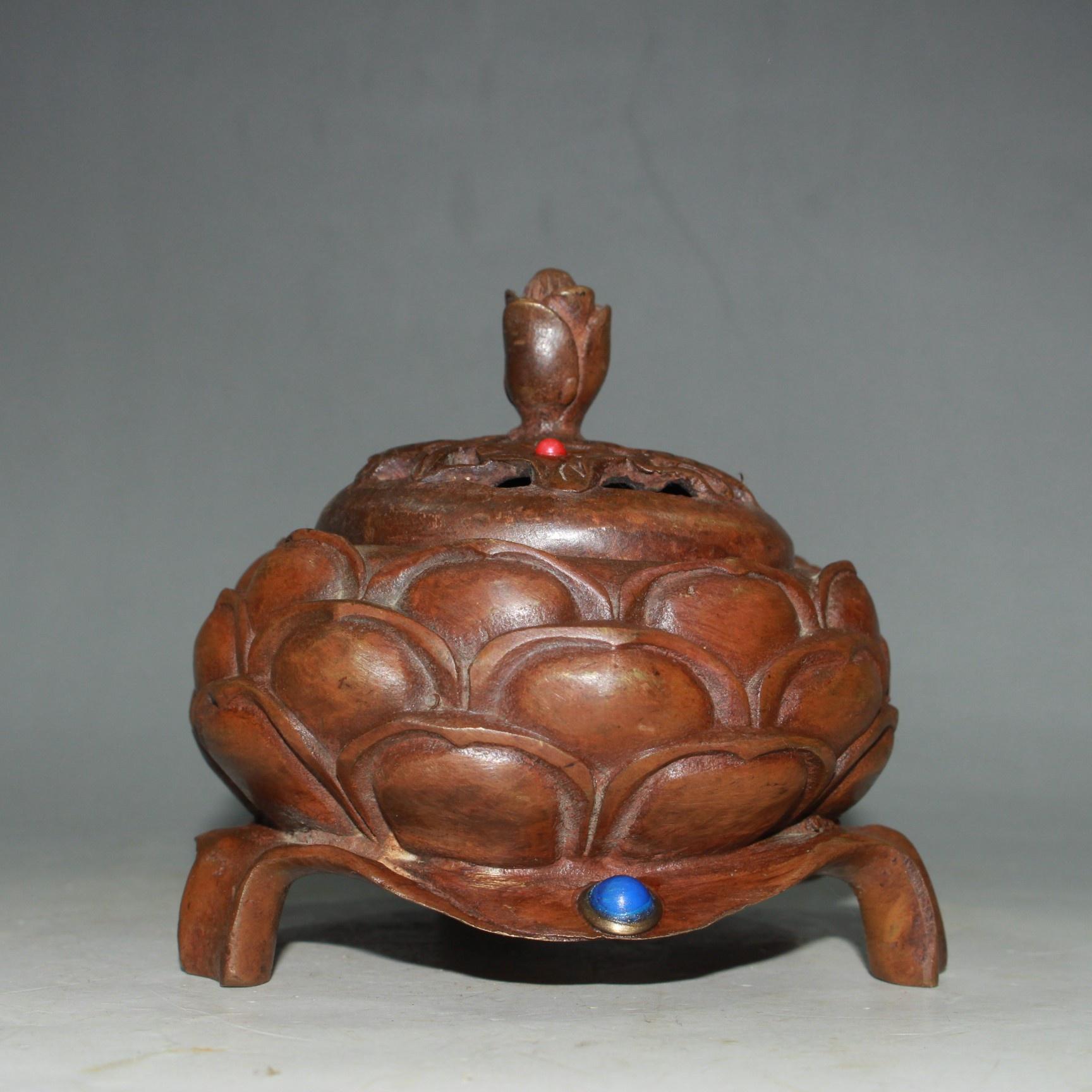 珍しい手作りの銅と宝石の象嵌の蓮の香炉の装飾品、家具の装飾、収集