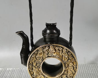 中国骨董　古銅　中国紋様入り小型ティーポット 古代中国の純銅の手彫りの魚の彫像のティーポット、ワインポットの装飾