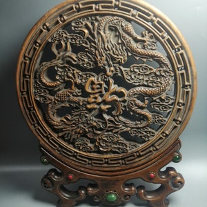 Boxwood inlaid gemstone dragon statue screen decoration ornaments,Chinese antique,unique design,furniture decoration,collecting and using