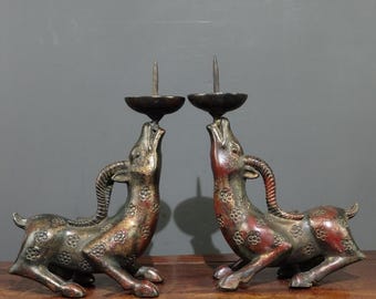 Chinese collection copper deer statue candlestick a pair,handmade,unique craftsmanship,home decoration,usable and collectible
