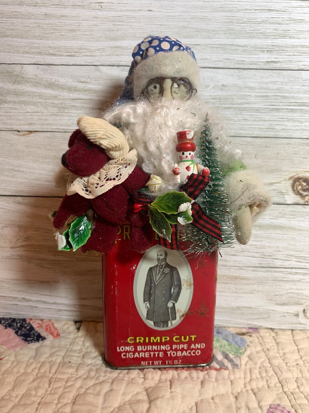 Primitive Antique Quilt Santa in Vintage Prince Albert Can One Etsy