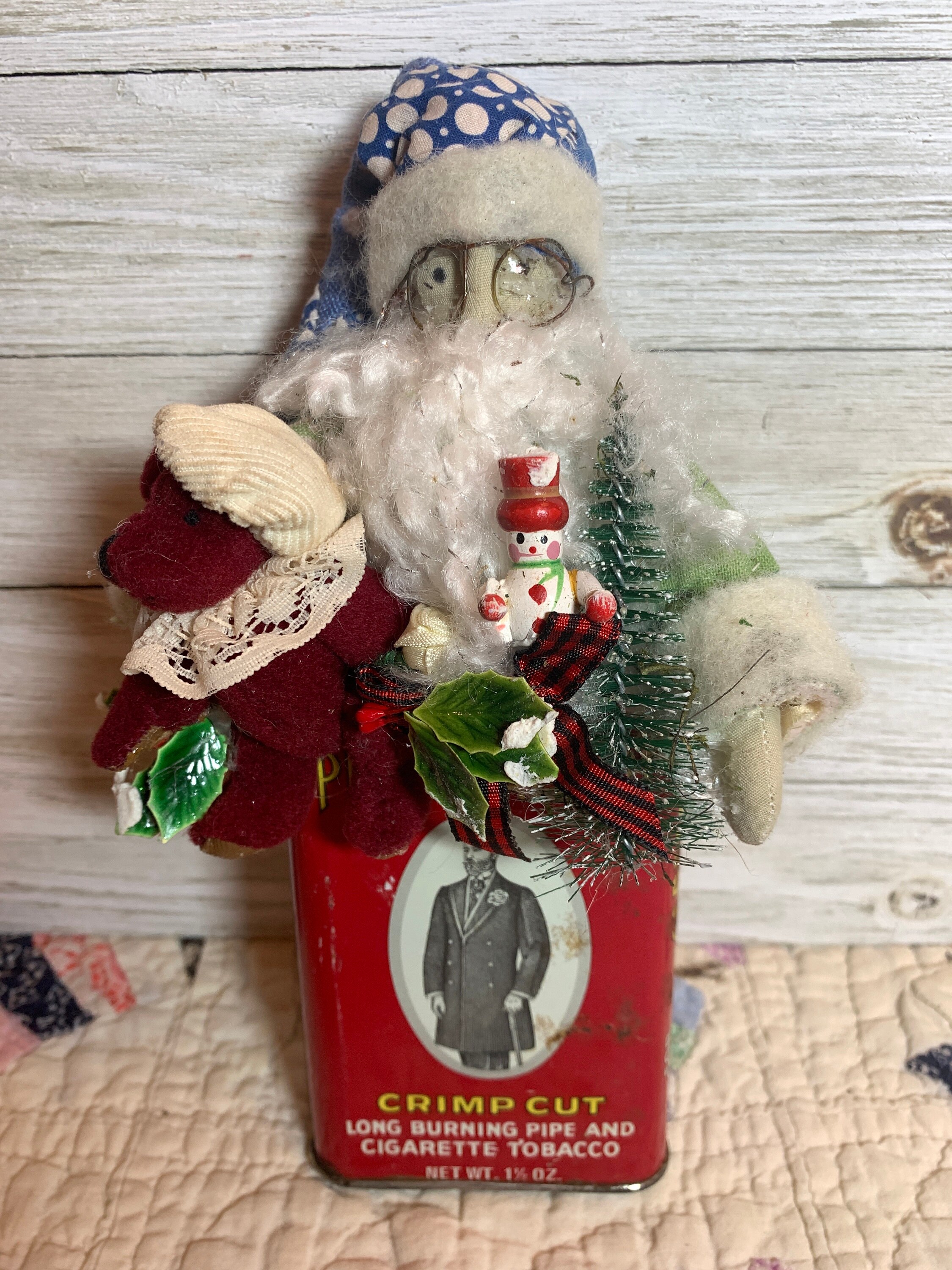Primitive Antique Quilt Santa in Vintage Prince Albert Can One Etsy