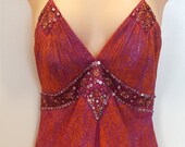 Laundry By Shelli Segal Gypsy 100 Silk Fuchsia Orange Indian Inspired Beaded Cocktail Dress Handkerchief Hem Spaghetti Strap Empire Style