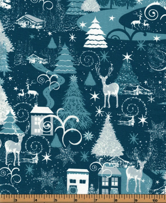 1 yard Santee Tossed Christmas Trees and Snowflakes on Red Fabric