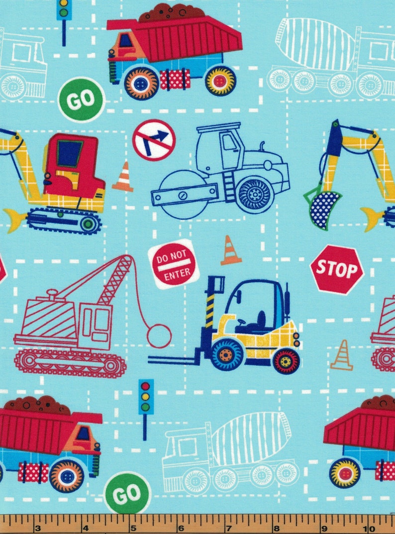 Let/'s Build Construction Bulldozer Dump Cemet Trucks on Blue BY YARDS Fabric