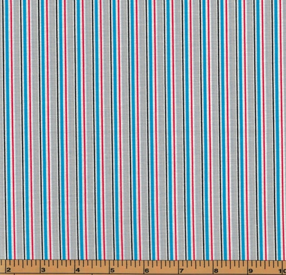 Striped Fabric Blue Red Black Gray And White Striped Etsy