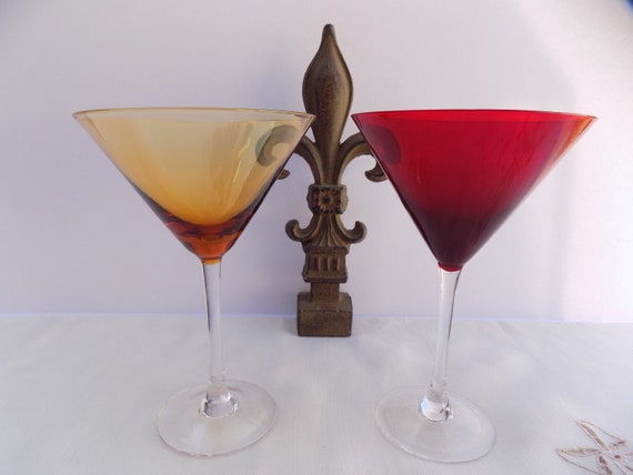 Beautiful Amber and Red Colored Martini Glass With Clear Stem. 