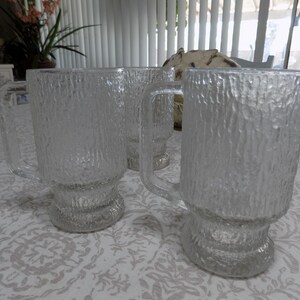 VINTAGE | Indiana Glass Clear CRYSTAL ICE Beer Mugs | Handled Cup | Footed |Tree Bark Textured | Set of 5 |16 oz