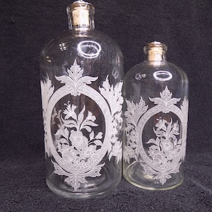 Antique Frosted Etched Glass Floral Pattern Apothecary Bottle With Silver Plated Stopper