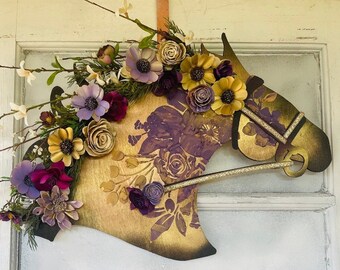 Purple & Gold Horse Head Wreath with Flowers and Wood Overlay Halter - Breeder's Cup Colors Horse Head Door Hanger - Racing Horse Lover