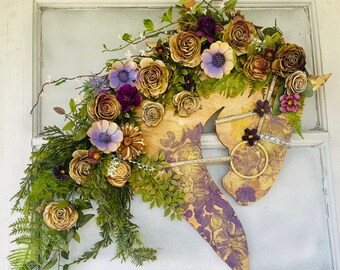 Purple & Gold Horse Head Wreath with Flowers and Gold Bridle - purple Floral Patterned Everyday Horse Wreath